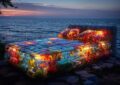 bed, waterbed, neon, light, beach, sea, relax, rest, luxury, elegance, imaginative, decorative, dream, strange, nature, digitally manipulated, photomontage, interesting, unique, wallpaper, ai generated