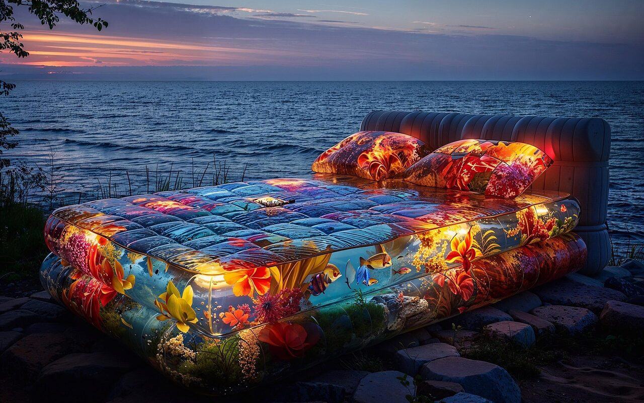 bed, waterbed, neon, light, beach, sea, relax, rest, luxury, elegance, imaginative, decorative, dream, strange, nature, digitally manipulated, photomontage, interesting, unique, wallpaper, ai generated
