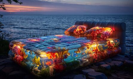 bed, waterbed, neon, light, beach, sea, relax, rest, luxury, elegance, imaginative, decorative, dream, strange, nature, digitally manipulated, photomontage, interesting, unique, wallpaper, ai generated
